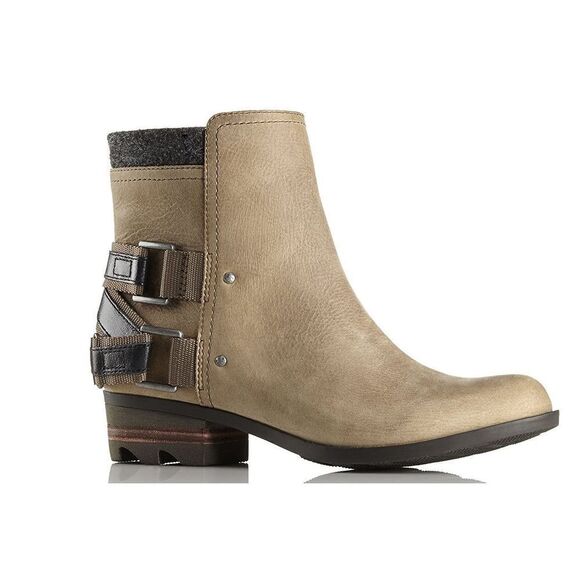 Sorel Lolla Ankle Boot Leather Buckle Side Zipper in Sand/black